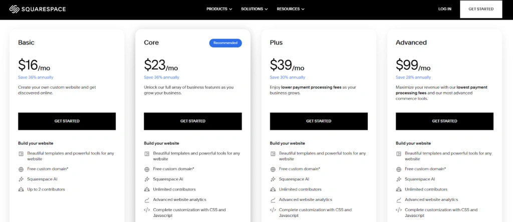 Squarespace pricing